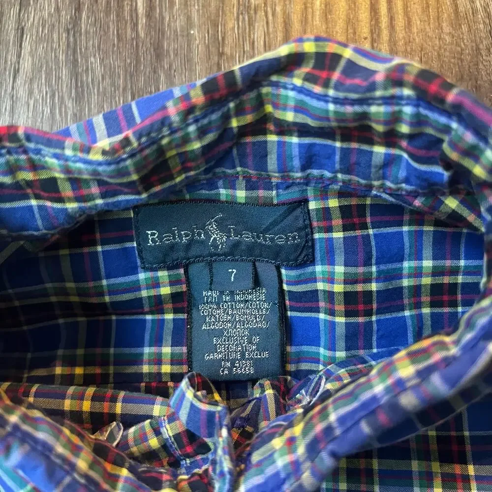 Ralph Lauren Boy’s 7 Blue, Red, And Yellow Plaid Long Sleeve Dress Shirt